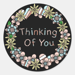 Sticker Rond Pensez à vous   Noir floral blanc