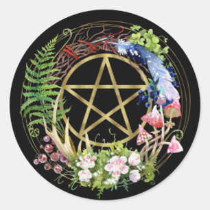 Sticker Rond Pentacle Or Nature Fleurs de couronnes Bohème