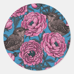 Sticker Rond Peonies and wrens on blue