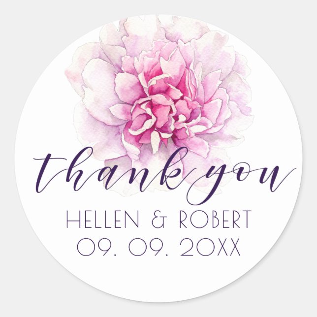 Sticker Rond Peony rose clair et merci typographie (Devant)