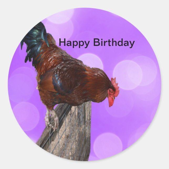 Sticker Rond Perché en Majesté : coq sur Dreamy Purple Glow (Devant)