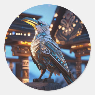 Sticker Rond Perché sur le poteau Blue White Raven