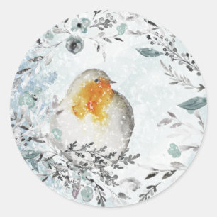 Sticker Rond Perdrix Dans Un Hiver Dusty Blue Green Wreath