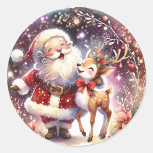 Sticker Rond Père Noël à l'aquarelle Renne Noël Mignon
