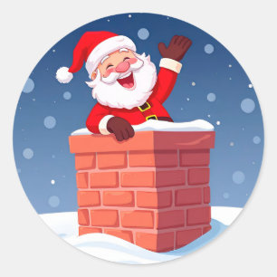 Sticker Rond Père Noël agitant joyeusement dans la cheminée