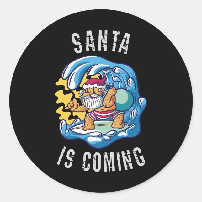 Sticker Rond Père Noël arrive par Surfboard (Devant)
