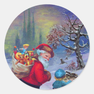 STICKER ROND PÈRE NOËL AVEC L'ENFANT DANS LA NEIGE D'HIVER