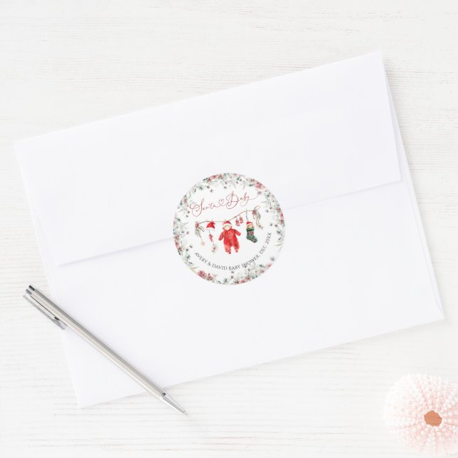 Sticker Rond Père Noël Baby Christmas Baby shower Bienvenue (Enveloppe)