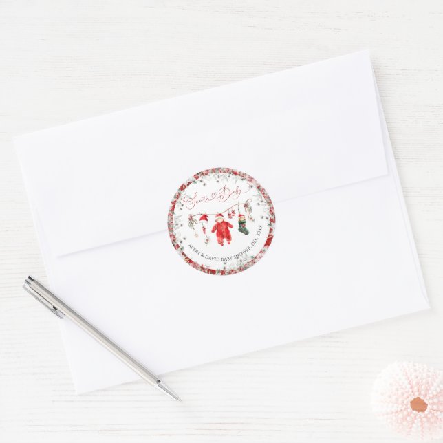 Sticker Rond Père Noël Baby Christmas Baby shower Bienvenue (Enveloppe)