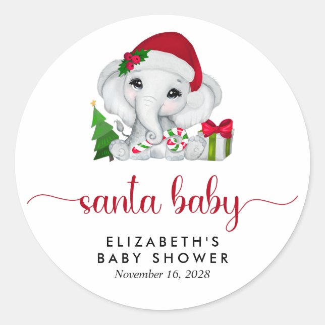 Sticker Rond Père Noël bébé éléphant Noël bébé fille douche (Devant)