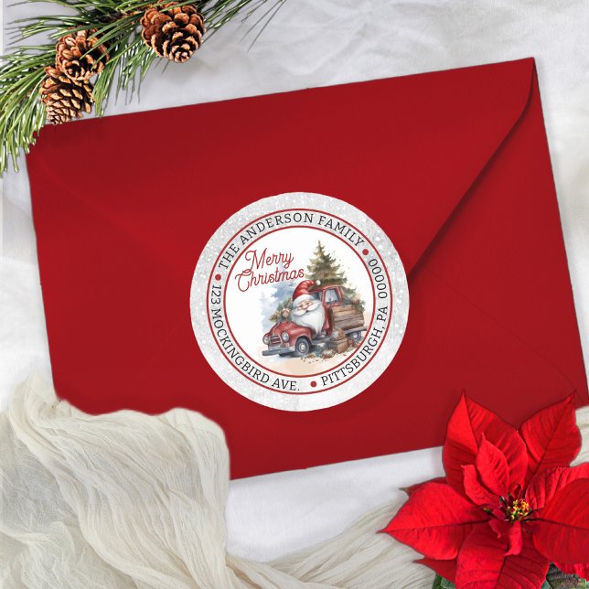 Sticker Rond Père Noël | Cercle d'adresse de retour du camion r (Add a festive touch to your holiday correspondence with this Santa |Vintage Look Truck Envelope Seal)