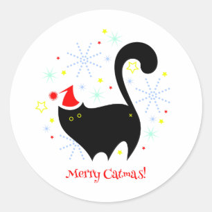 Sticker Rond Père Noël Chat Merry Catmas Noël