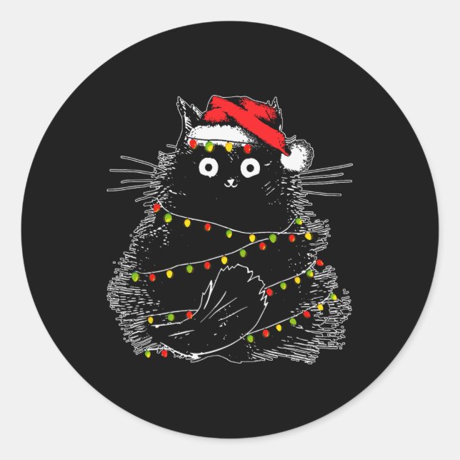 Sticker Rond Père Noël Chat Noir Tangé Dans La Lumière De L'Arb (Devant)