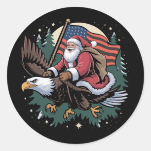 Sticker Rond Père Noël chevauchant un aigle drapeau américain N