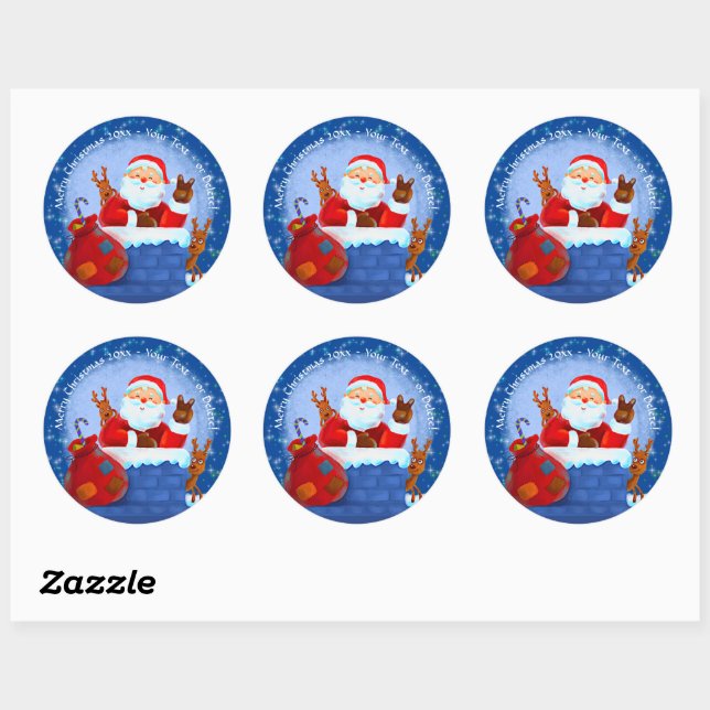 Sticker Rond Père Noël Chimney Reinder Sack Ajouter Année Texte (Feuille)