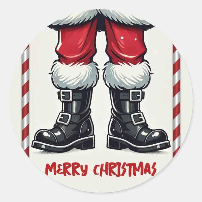 Sticker Rond Père Noël cool en Bottes noires Fête de Noël (Devant)