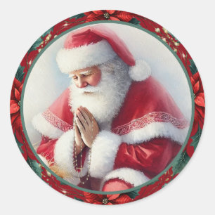 Sticker Rond Père Noël de Noël catholique avec des poinsettias