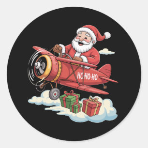 Sticker Rond Père Noël de Noël Pilote Avion Volant Cadeau
