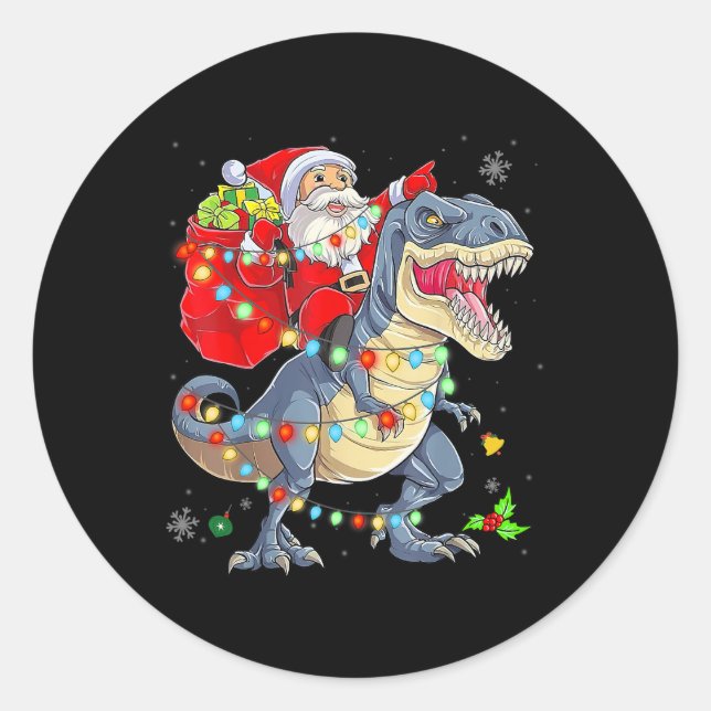 Sticker Rond Père Noël Dinosaur Light Joyeux Noël Mignons Cadea (Devant)