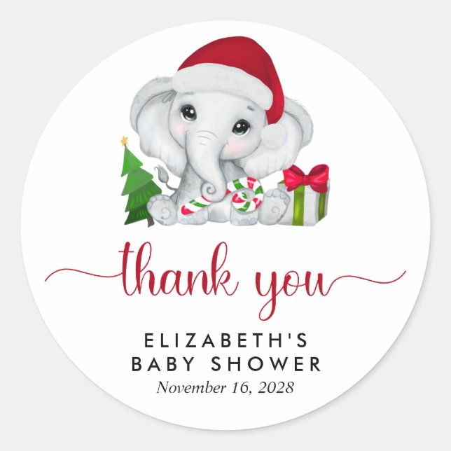 Sticker Rond Père Noël Elephant Noël bébé garçon douche Merci (Devant)