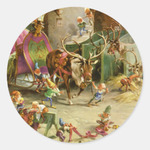 Sticker Rond Père Noël Elfes prêt sa sangle et son renne