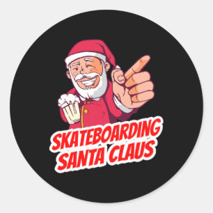 Sticker Rond Père Noël en skateboard Noël Vacances Skateb