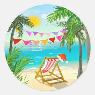 Sticker Rond Père Noël en vacances - Noël de plage