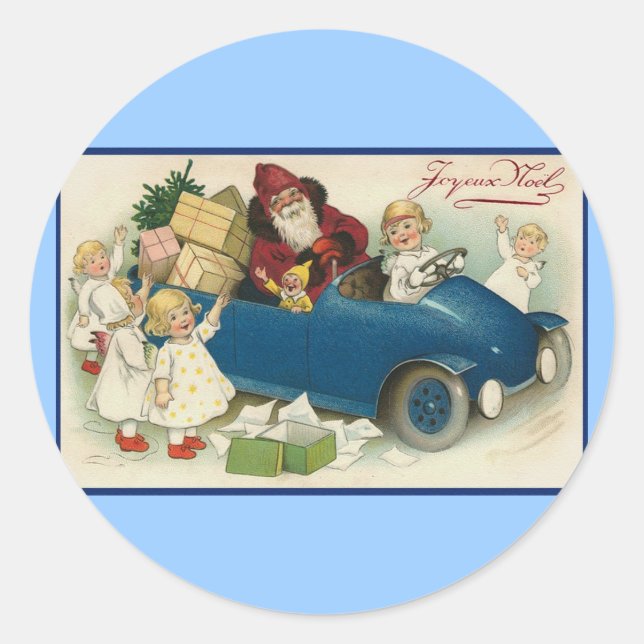 Sticker Rond Père Noël en voiture - Joyeaux Noel (Devant)