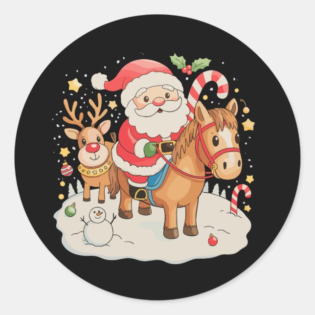 Sticker Rond Père Noël équitation Cheval mignon Noël Noël Noël  (Devant)