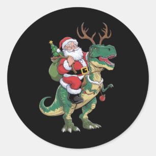 Sticker Rond Père Noël équitation Dinosaur T-Rex Noël Escadron