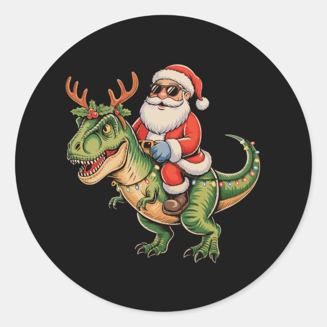 Sticker Rond Père Noël équitation Dinosaur T Rex Noël Rétro Noë (Devant)