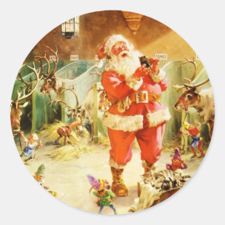 Sticker Rond Père Noël et ses elfes au pôle Nord