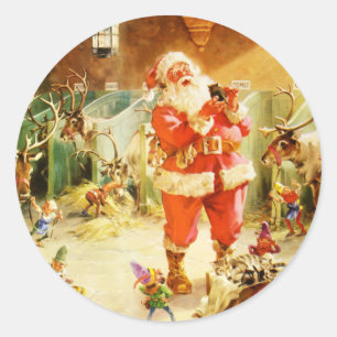 Sticker Rond Père Noël et ses elfes dans les écuries de Pôl