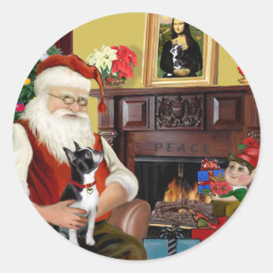 Sticker Rond Père Noël et son Boston Terrier