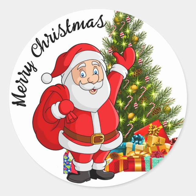 Sticker Rond Père Noël Joyeux Noël Arbre & Cadeaux (Devant)
