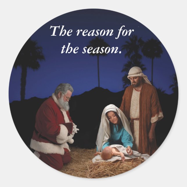 Sticker Rond Père Noël Kneeling à la crèche (Devant)