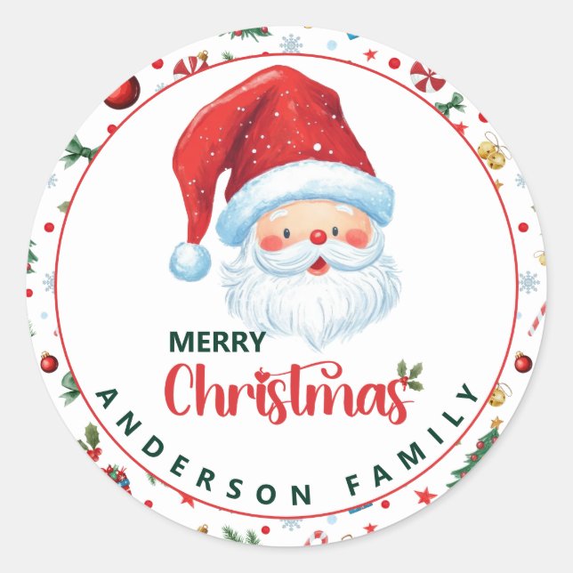 Sticker Rond Père Noël mignon et Motif festif Joyeux Noël (Devant)