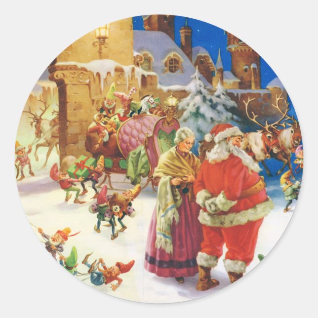 STICKER ROND PÈRE NOËL & MRS..CLAUS REGARDER AUSSI LES ELVES PR (Devant)