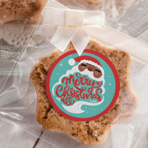 Sticker Rond Père Noël noire Joyeux Noël tout bleu turquois