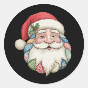 Sticker Rond Père Noël patchwork Noël Xmas Vacances Famille