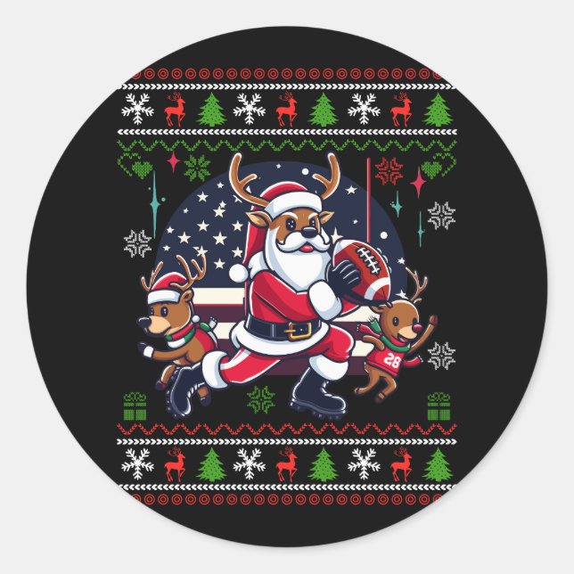 Sticker Rond Père Noël Reindeer Jouer Football Américain Noël l (Devant)