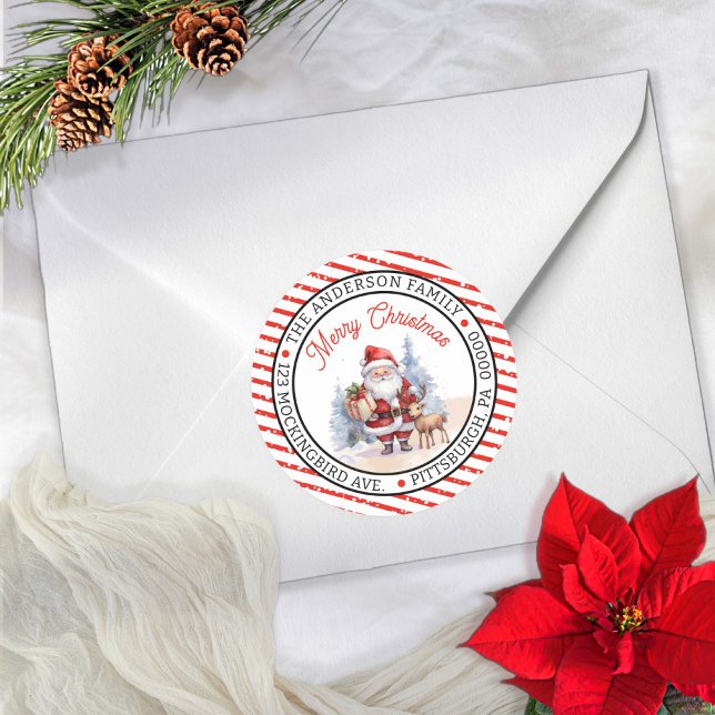 Sticker Rond Père Noël | Renne Cercle de Noël Adresse de Retour (Add a festive touch to your holiday correspondence with this Santa and Reindeer Envelope Seal)