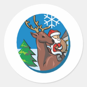 Sticker Rond Père Noël Rides Reindeer