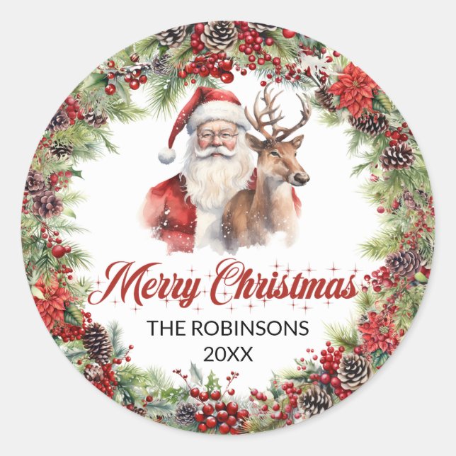 Sticker Rond Père Noël rouge et verte classique avec rennes (Devant)
