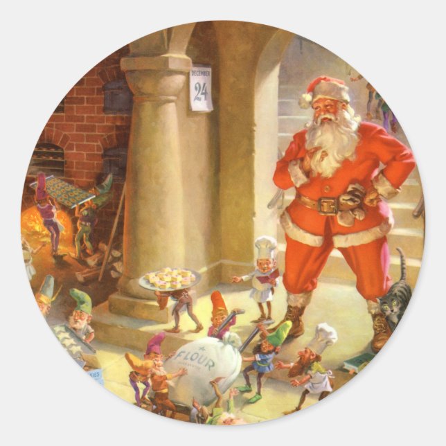 Sticker Rond Père Noël S'Intéresse À Ses Elfes De Cuisinière De (Devant)