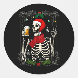 Sticker Rond Père Noël Skeleton Boire Bière Retro Joyeux Noël