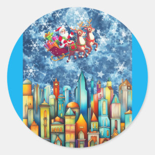 STICKER ROND PÈRE NOËL SUR LA VILLE
