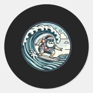 Sticker Rond Père Noël Surf Hawaïen Noël Aloha Tropical