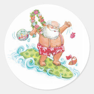 Sticker Rond Père Noël surfeur dessin animé de Noël vintage