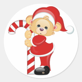 Sticker Rond Père Noël Teddy Bear et Candycane